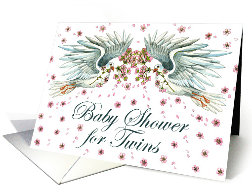 Baby Shower for Twins with Twin Doves and Cherry Blossoms card