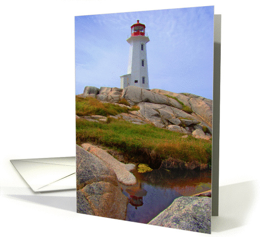 Blank Note Card, Red and White Lighthouse Reflected in Water card