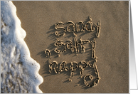 sandy, salty, happy, birthday... written in sand card