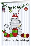 Christmas Crocheting Cat in Santa Hat Hooked on the Holidays Humor card