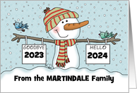 Snowman with Signs Customizable Date New Year’s 2024 from Family Name card