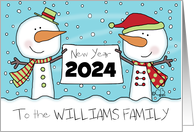 Snowmen with Sign Customizable Happy New Year 2024 for Williams Family card
