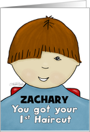 Customize Name Zachary Congratulations First Haircut Little Boy Red card
