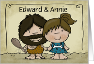 Customizable Names Happy Anniversary Humor Caveman and Woman Couple card