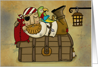 Happy Birthday Matey Sleeping Pirate and Parrot on Treasure Chest card