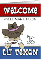 Congrats Lil’ Texan Custom Name New Baby Cowgirl Hat on Baby Girl card