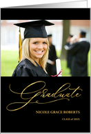 Graduation Announcement for Daughter Black and Gold Script with Photo card