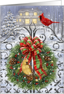 Season’s Greetings Cardinal Birds on Gate with Wreath card