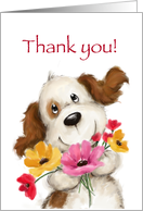 A cute dog with colorful flowers for thank you. card