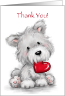 Cute fluffy grey dog sitting with red heart in is mouth, Thank you! card