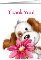 Cute dog with big smile holding huge red pretty flower, Thank you card