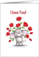 I Love You, Very Cute Mouse Holding Bunch of Red Roses Behind Him card