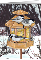 Gathering of Friends Winter Party Invite Chickadee Birdfeeder Painting card