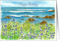 Happy Birthday Ocean Purple Lupine Flowers Watercolor Fine Art card