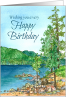 Happy Birthday Mountain Lake Landscape Watercolor card