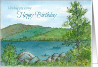 Happy Birthday Mountain Lake Kayaks Watercolor Painting card