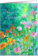 Floral Birthday Card Pink Bee Balm Garden Watercolor Painting card