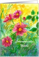 Congratulations Custom Name Pink Cosmos Watercolor Flowers card