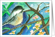 Happy Birthday Chickadee Bird In Tree Watercolor Flowers card