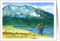 Happy Birthday My Love Romantic Couple Walking Dog Watercolor card