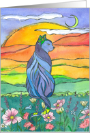 Happy Birthday Blue Cat Autumn Watercolor Landscape card