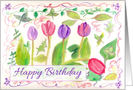 Happy Birthday Friend Pink Purple Tulips Watercolor Art card