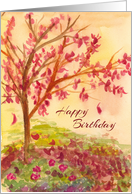 Autumn Tree Happy Birthday Falling Leaves Watercolor card