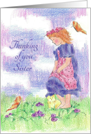 Thinking of You Sister Flower Meadow Young Girl Kitten Butterflies card