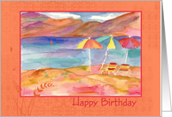 Happy Birthday Beach Umbrellas Blue Water Mountains card
