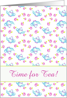 Tea Party Invitation Blue Teapot Pink Rose Flower Drawing card