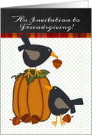 Friendsgiving Invitation, Prim Polkadotted Crows, Acorns and Pumpkin card