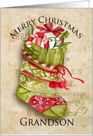 Christmas Stocking with Gifts on Aged Background for Grandson card