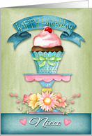Happy Birthday, Niece, with hand painted flowers and cupcake. card