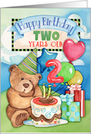Happy Birthday Two Years Old with Cute Teddy Bear, Balloons, Cake card