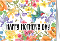 Happy Mother’s Day with Bright Watercolor Flowers Hummingbird and Bees card