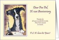 Pen Pal Anniversary, border collie dog writing a letter to a pen pal card