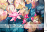 Happy Birthday, water lilies watercolor painting, Irish blessing card
