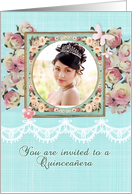 Quinceaera invitation, photo card, pink roses, lace effect card