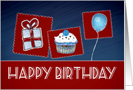 Happy Birthday, Cake, Balloon, Gift, Blue Background card