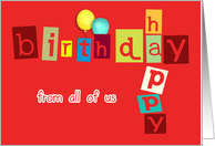 happy birthday from all of us, business birthday card, letters red card