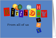 happy birthday from all of us, business birthday card, letters blue card