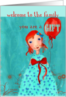 welcome to the family you are a gift cute girl with balloon orange turquoise card