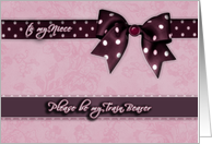to my niece, please be my train bearer, purple and pink, bow and ribbon effect card