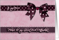 to my niece, please be my guest book attendant, purple and pink, bow and ribbon effect card