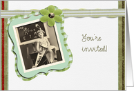 Back to school invitation, vintage girl, green, 3d-ribbon and flower effect card