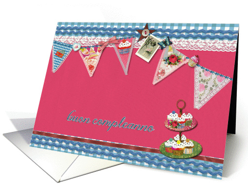 happy birthday in Italian, bunting, cupcake, scrapbook style card