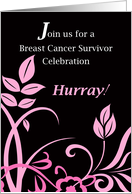Invitation Breast Cancer Survivor Party Pink Leaves on Black card