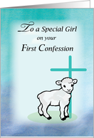 Girl First Confession with Lamb and Green Cross card