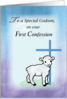 Godson First Confession with Lamb and Blue Cross card