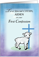 Customizable Cousin Aiden First Confession Lamb Cross card